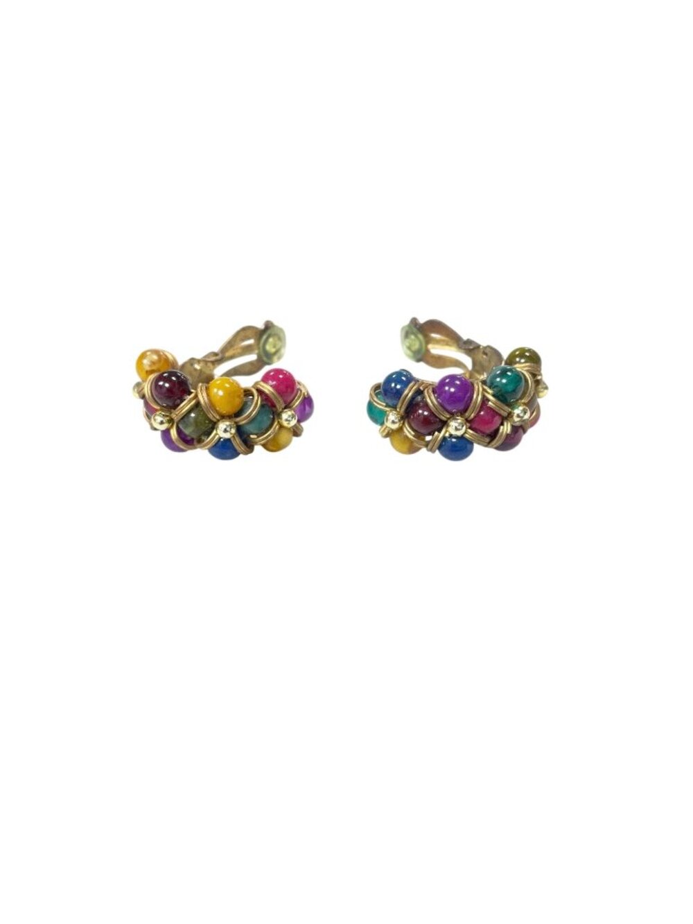 Vintage Multicolor wms beaded cluster gold statement clip on earrings SKU 10-728